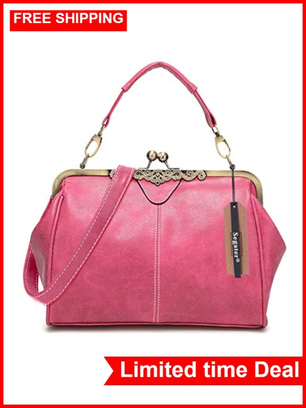 Vintage Kiss Lock Crossbody Purse PU Leather Messenger Bag Tote Handbag